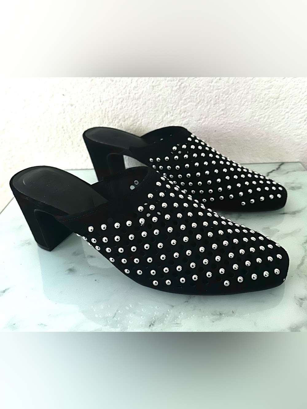 ASH Studded Black laser cut mule heels